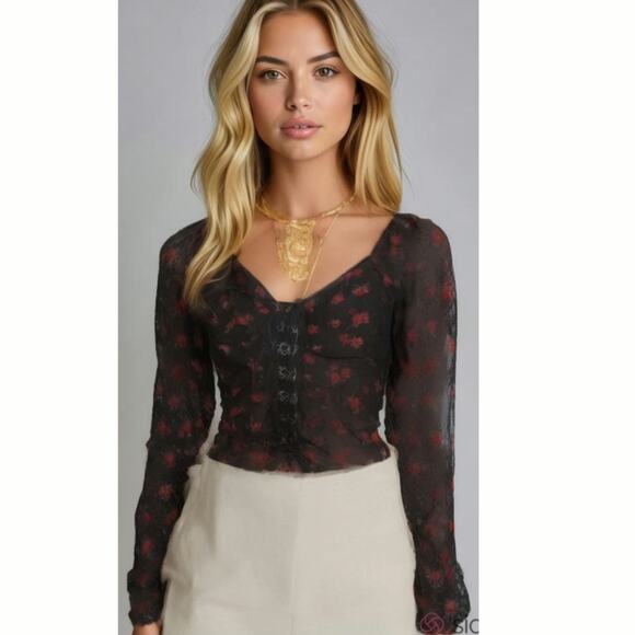 Y2K Whimsigoth XS body top lace Floral Officesiren Red/Blk Sheer Vamp/Goth - Picture 1 of 9